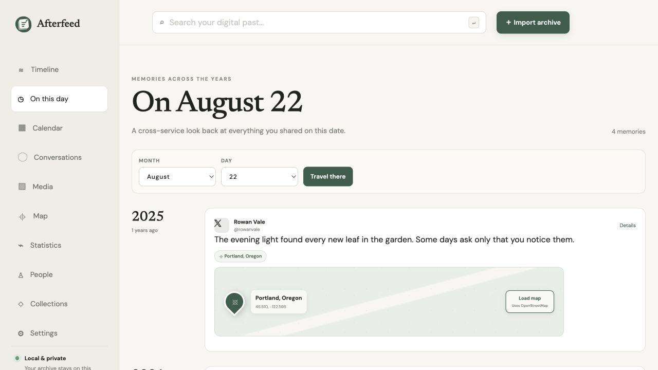 Afterfeed On This Day screen with fictional archive data