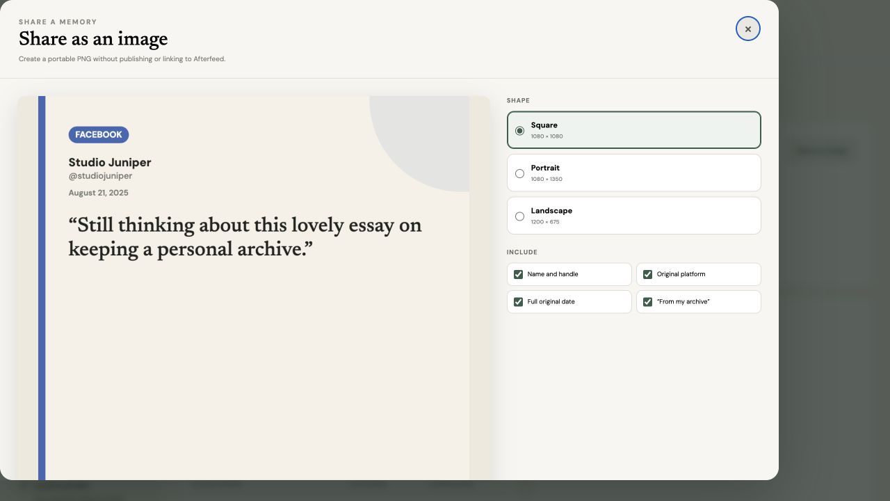 Afterfeed share-card creator with fictional archive data