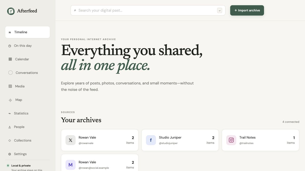 Afterfeed timeline with several fictional social archives